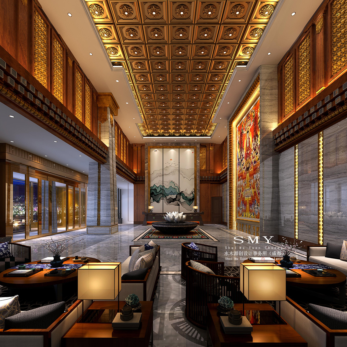 藏式酒店设计，酒店大堂大厅空间装饰设计效果图
